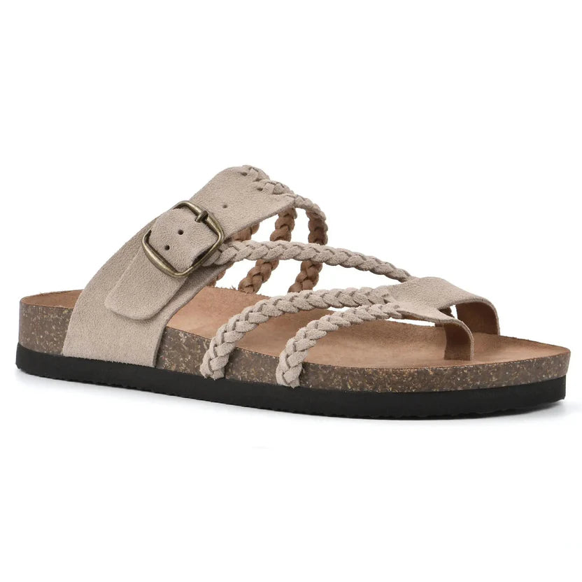 Beige sandal with braided straps and a buckle on a white background