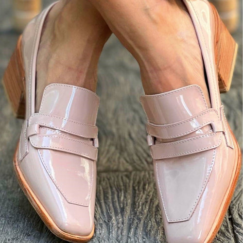ZOFIA ATELIER Adria chic square toe patent loafers in light pink with a wooden block heel.