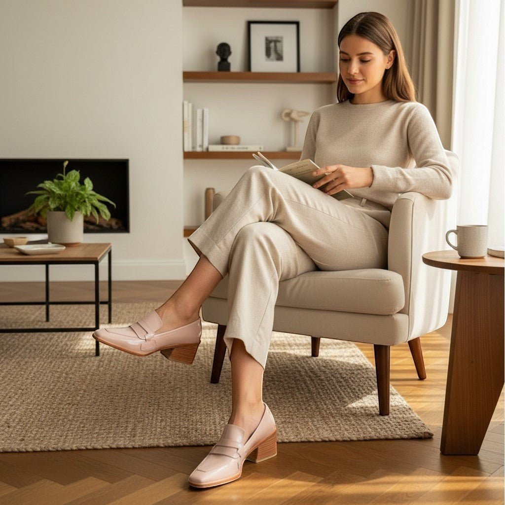 ZOFIA ATELIER Adria chic square toe patent loafers in pale pink with block heel. Model is sitting in a chair reading.