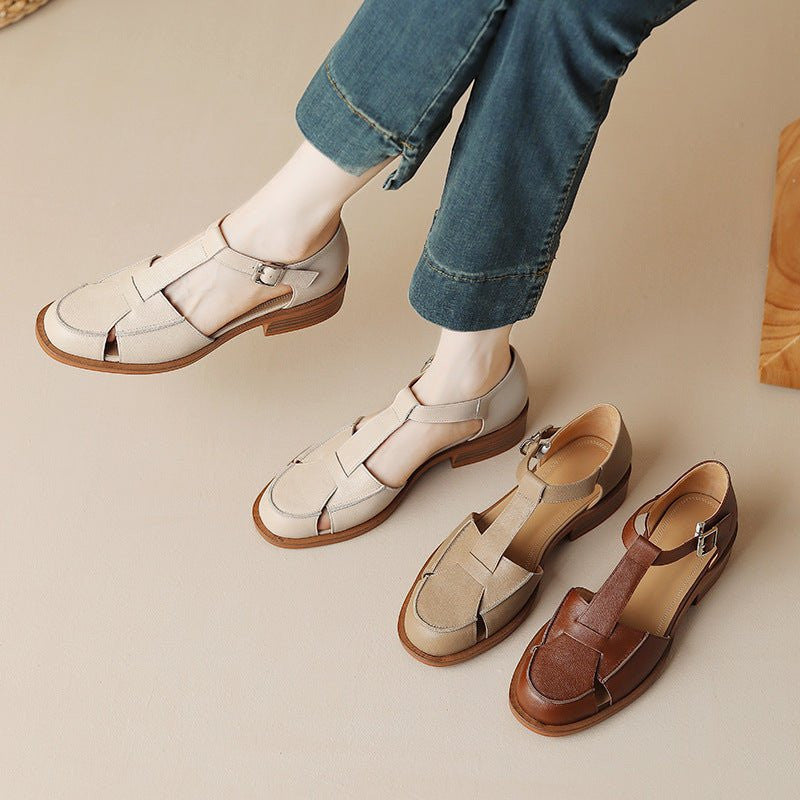ZOFIA ATELIER Adrianne retro flat sandals in creamy-white, khaki, and brown cowhide with buckle closure.