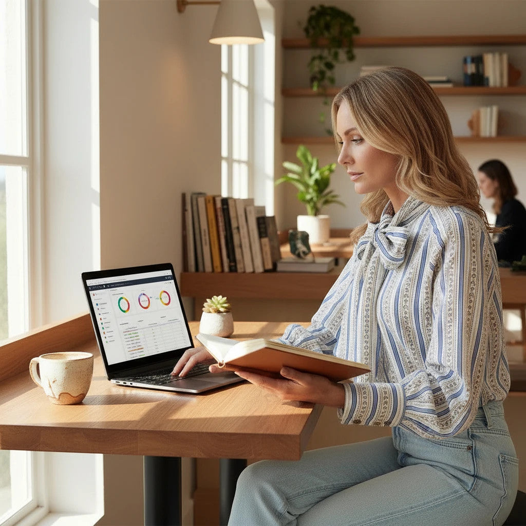ZOFIA ATELIER ADRIANNA blouse with blue and white stripes, long sleeves, and a bow tie neck, worn by a woman working on a laptop.