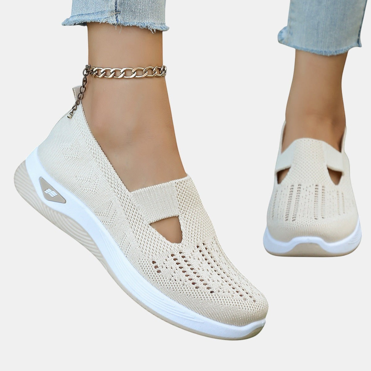 ZOFIA ATELIER AGATA beige knit slip-on sneakers with cushioned sole and decorative cut-outs.