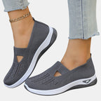ZOFIA ATELIER AGATA grey knit slip-on sneakers with cushioned sole and cutout detail.