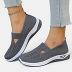 ZOFIA ATELIER AGATA grey knit slip-on sneakers with cushioned sole and cutout detail.