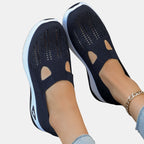 ZOFIA ATELIER AGATA navy blue knit slip-on sneakers with cut-out details and white soles.
