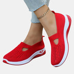 ZOFIA ATELIER AGATA red knit slip-on sneakers with white soles and decorative cut-out detail.