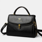 ZOFIA ATELIER Agnieszka black PU leather crossbody handbag with gold hardware and textured finish.