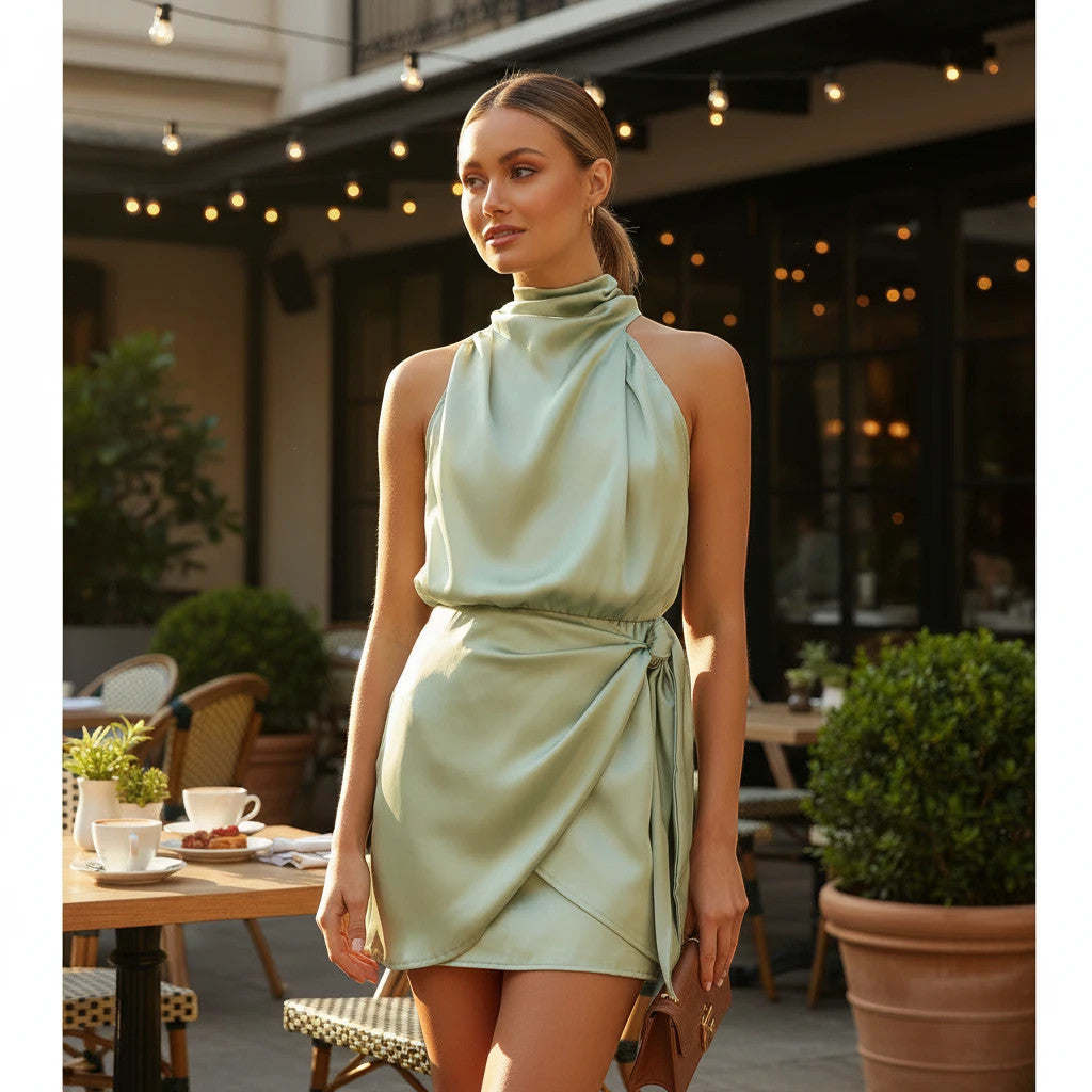 ZOFIA ATELIER ALEKSANDRA sage green satin halter neck short dress with tie waist