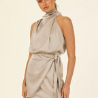 ZOFIA ATELIER ALEKSANDRA light grey satin halter neck short dress with tie waist
