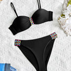 ZOFIA ATELIER ALINA black bikini set with colorful embroidered trim on bust and bottoms. Soft stretch fabric.