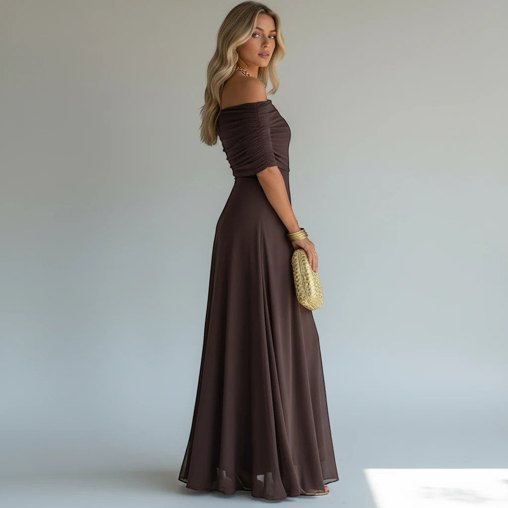 ZOFIA ATELIER ANDREA off-shoulder maxi dress in dark brown stretch polyester with a high waist and flowing skirt.