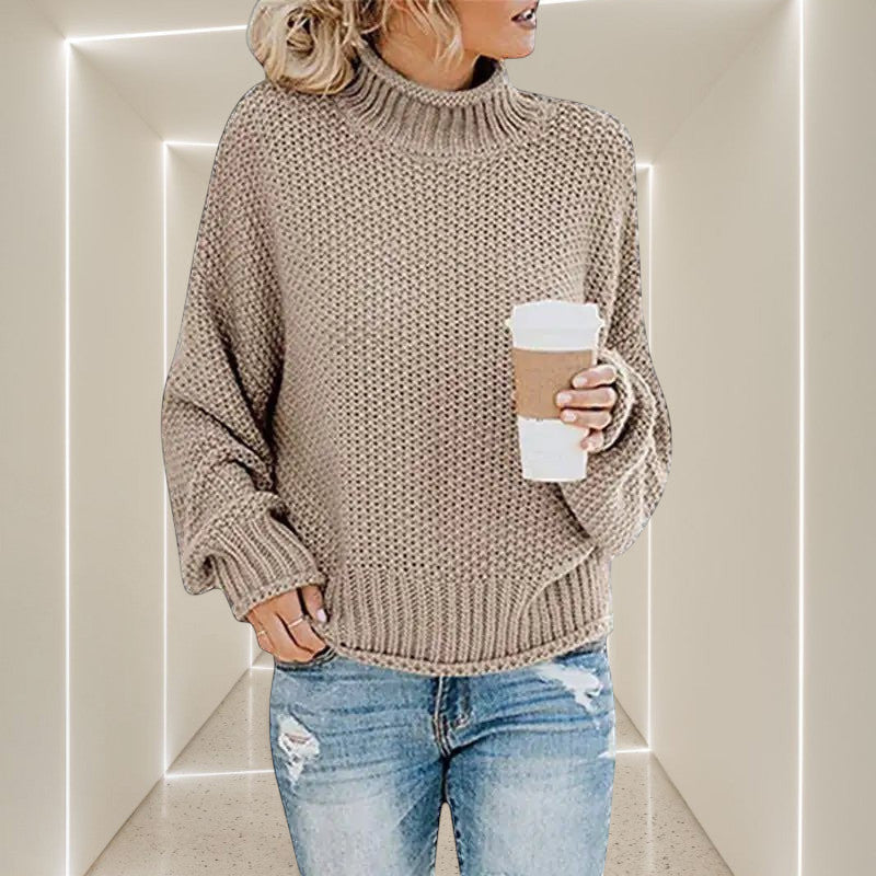 ZOFIA ATELIER ANNA beige chunky knit turtleneck sweater with relaxed fit and ribbed cuffs.