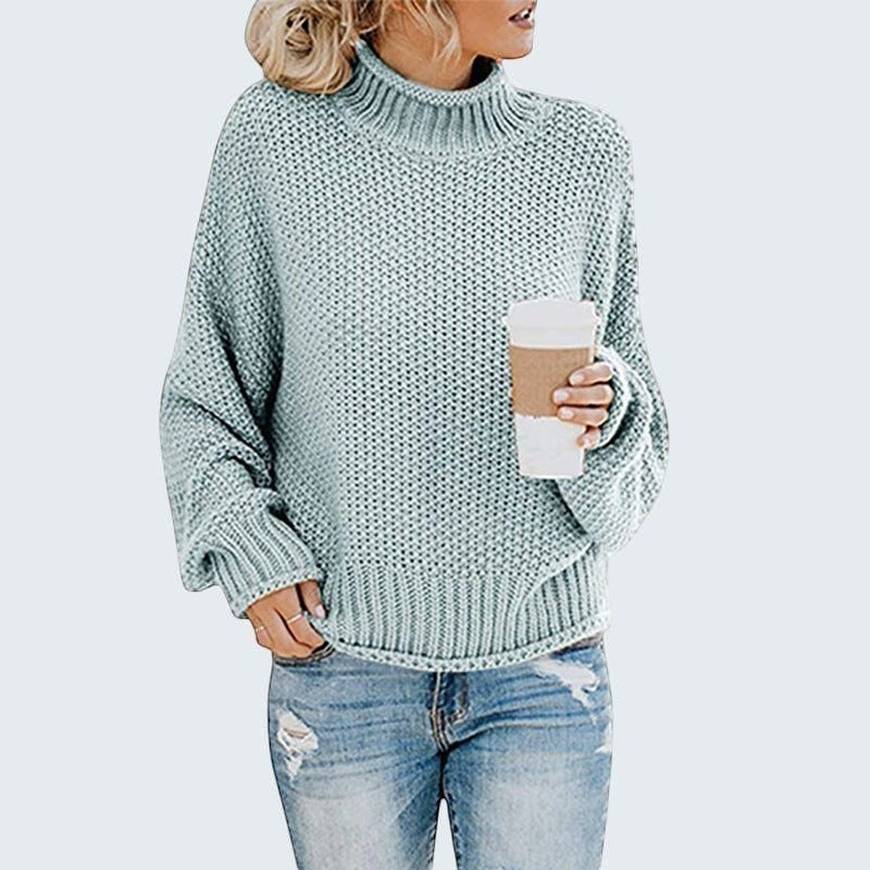 ZOFIA ATELIER Anna light blue chunky knit turtleneck sweater with relaxed fit and ribbed cuffs and hem.