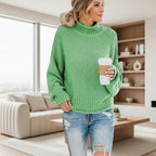 ZOFIA ATELIER ANNA green chunky knit turtleneck sweater with relaxed fit and ribbed cuffs.
