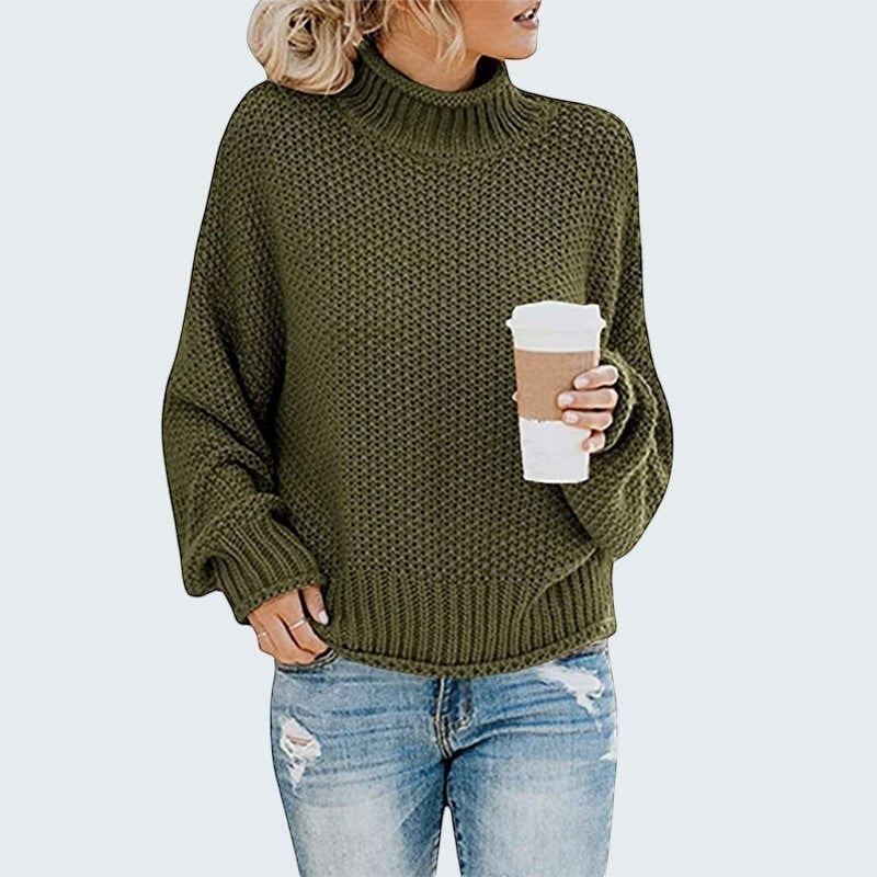 ZOFIA ATELIER Anna chunky knit turtleneck sweater in olive green with relaxed fit and long sleeves.