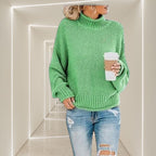 ZOFIA ATELIER ANNA green chunky knit turtleneck sweater with relaxed fit and ribbed cuffs and hem.