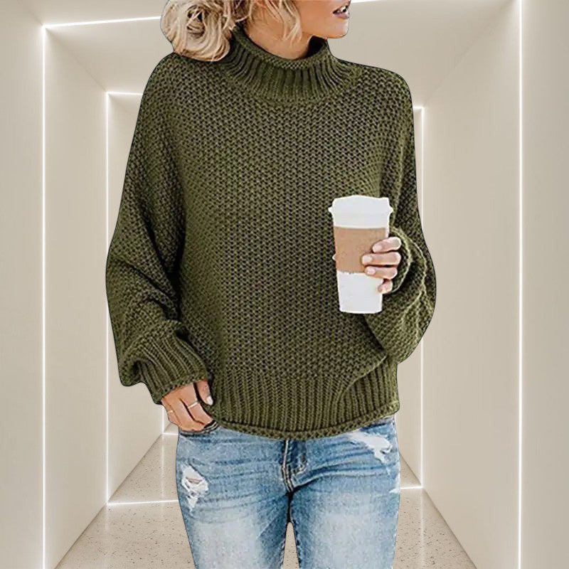 ZOFIA ATELIER ANNA green chunky knit turtleneck sweater with relaxed fit and ribbed cuffs.