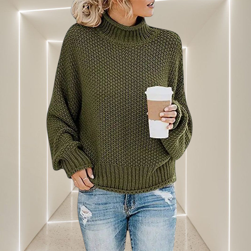 ZOFIA ATELIER ANNA green chunky knit turtleneck sweater with relaxed fit and ribbed cuffs.