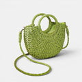 ZOFIA ATELIER ANNA green woven paper crossbody bag with double handles and peach skin lining.