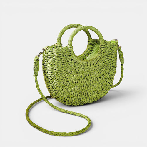 ZOFIA ATELIER ANNA green woven paper crossbody bag with double handles and peach skin lining.