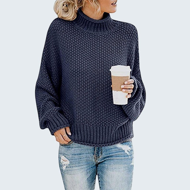 ZOFIA ATELIER ANNA navy blue chunky knit turtleneck sweater with relaxed fit and ribbed cuffs and hem.