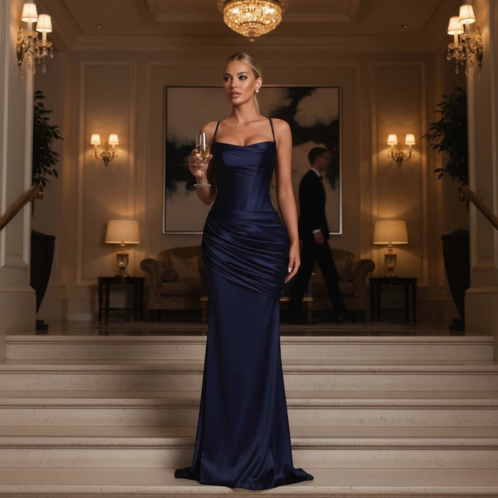 ZOFIA ATELIER ANNA navy blue satin floor-length slip dress with spaghetti straps and ruched detailing.