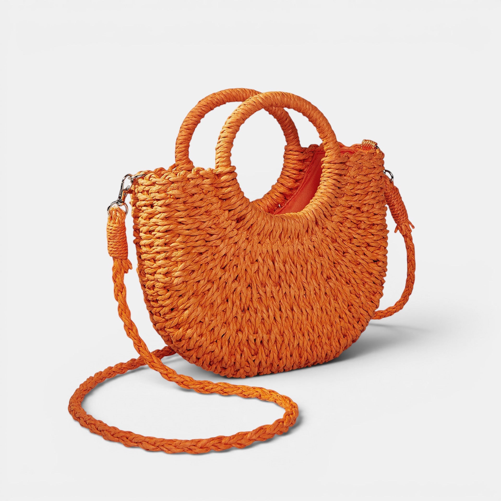 ZOFIA ATELIER ANNA orange woven paper crossbody bag with braided handles and strap, peach skin lining.