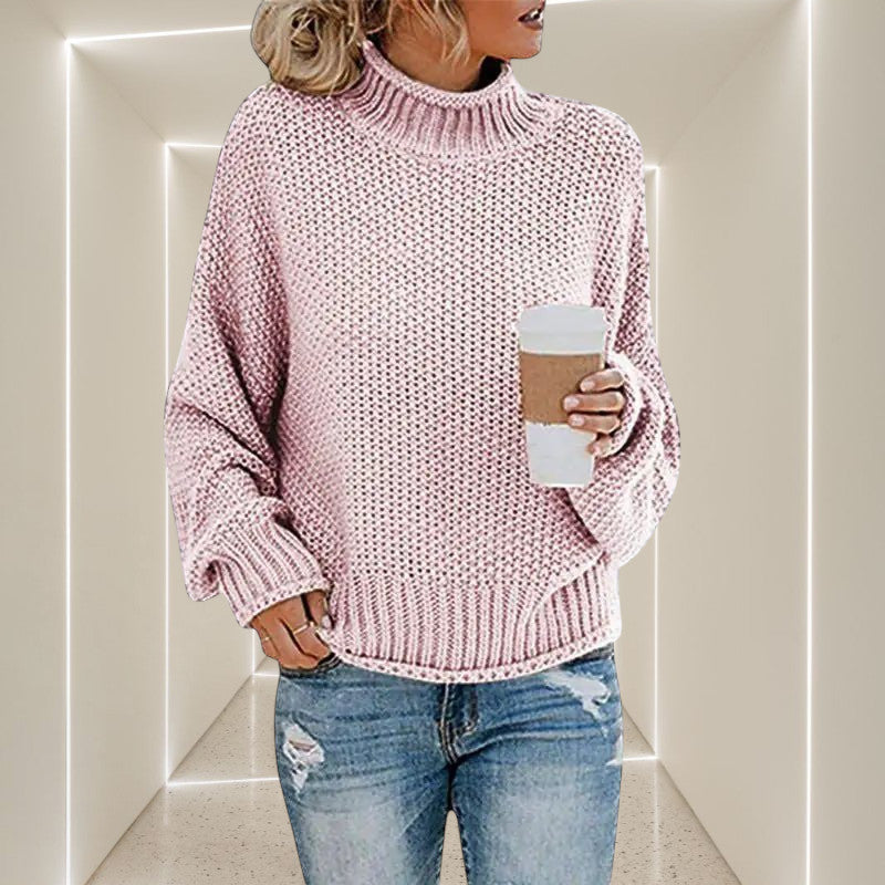 ZOFIA ATELIER ANNA pink chunky knit turtleneck sweater with relaxed fit and ribbed cuffs.