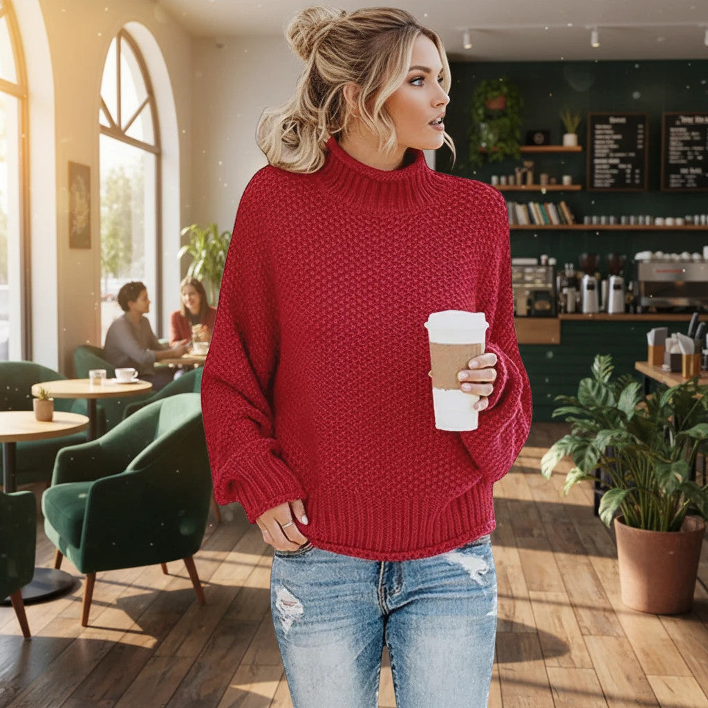 ZOFIA ATELIER ANNA red chunky knit turtleneck sweater with relaxed fit and cuffed sleeves.
