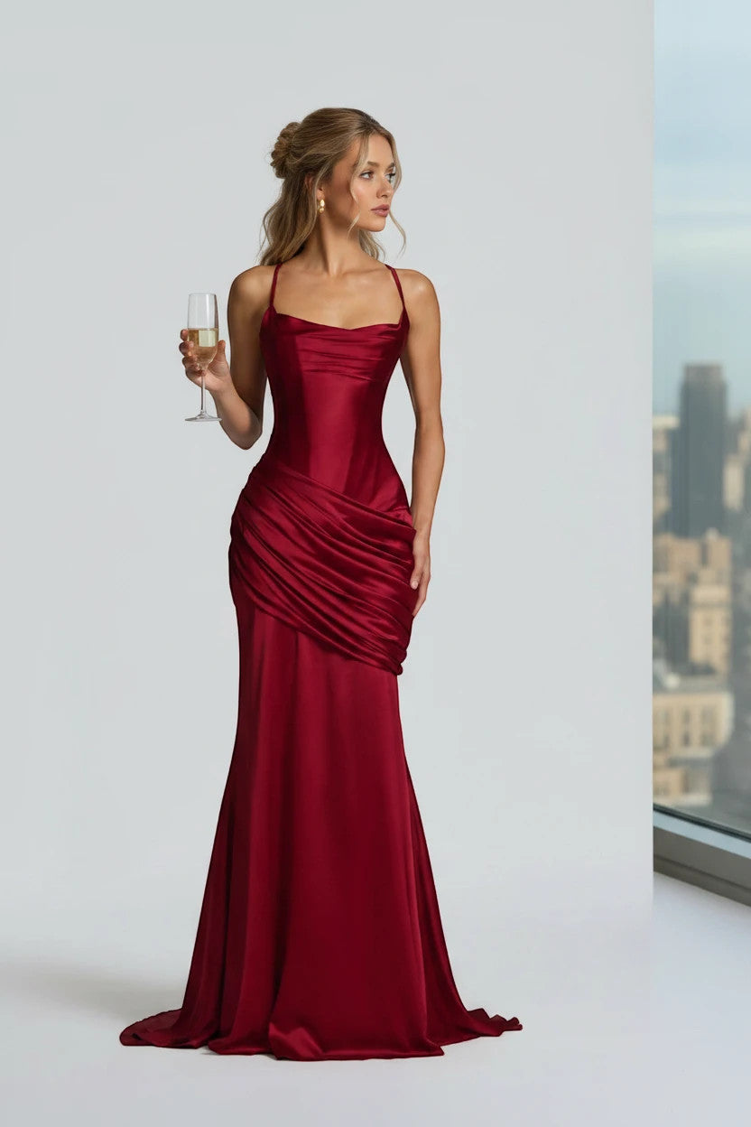 ZOFIA ATELIER ANNA elegant red satin slip dress with cowl neck and draped skirt, floor-length, sleeveless.