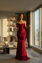 ZOFIA ATELIER ANNA elegant red satin slip dress with cowl neck and ruched detailing, floor-length.