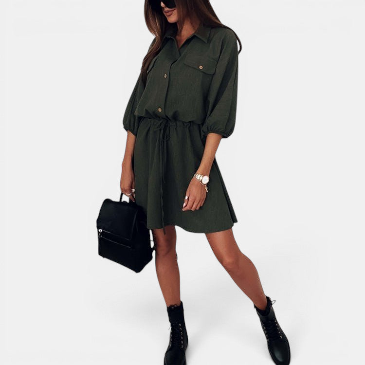 ZOFIA ATELIER army green drawstring shirt dress with three-quarter raglan sleeves and elastic waist.