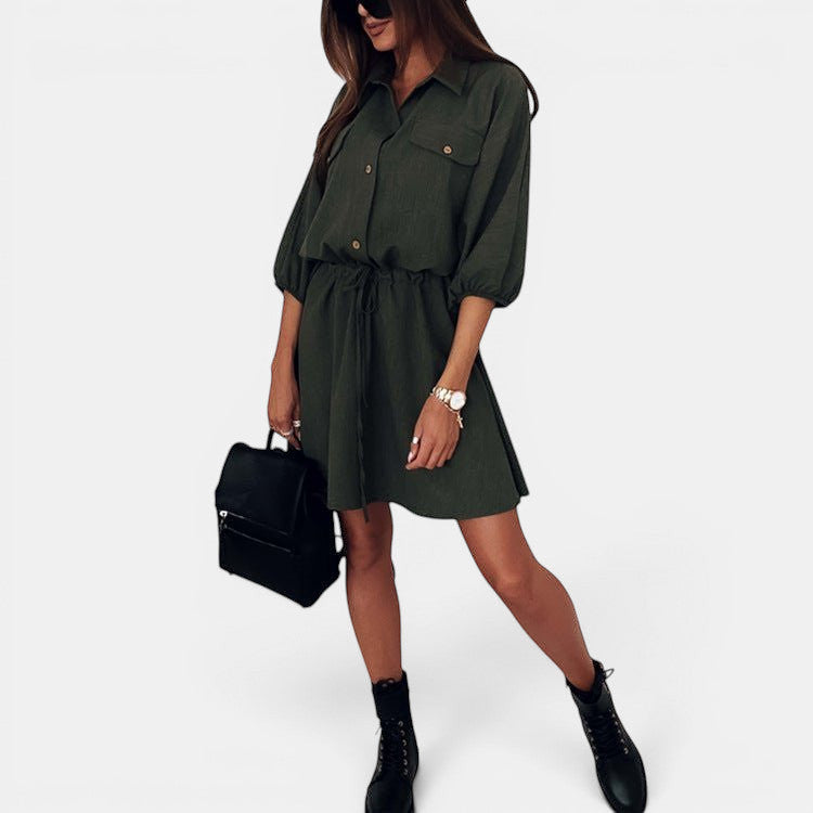 ZOFIA ATELIER army green drawstring shirt dress with three-quarter raglan sleeves and elastic waist.