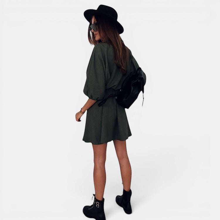 ZOFIA ATELIER army green polyester-cotton blend shirt dress with raglan sleeves and elastic waist.