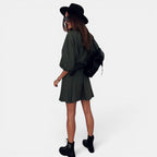 ZOFIA ATELIER army green polyester-cotton blend shirt dress with raglan sleeves and elastic waist.