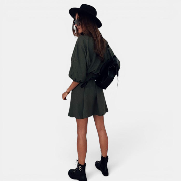 ZOFIA ATELIER army green polyester-cotton blend shirt dress with raglan sleeves and elastic waist.