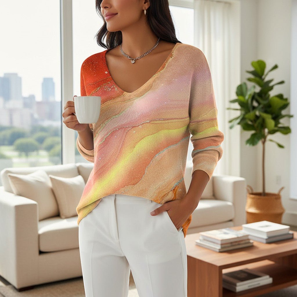ZOFIA ATELIER artistic print V-neck long sleeve pullover sweater in orange, yellow, and pink hues with a flowing fit.