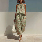 ZOFIA ATELIER light green linen blend backless camisole and wide-leg cropped pants set with red floral print.