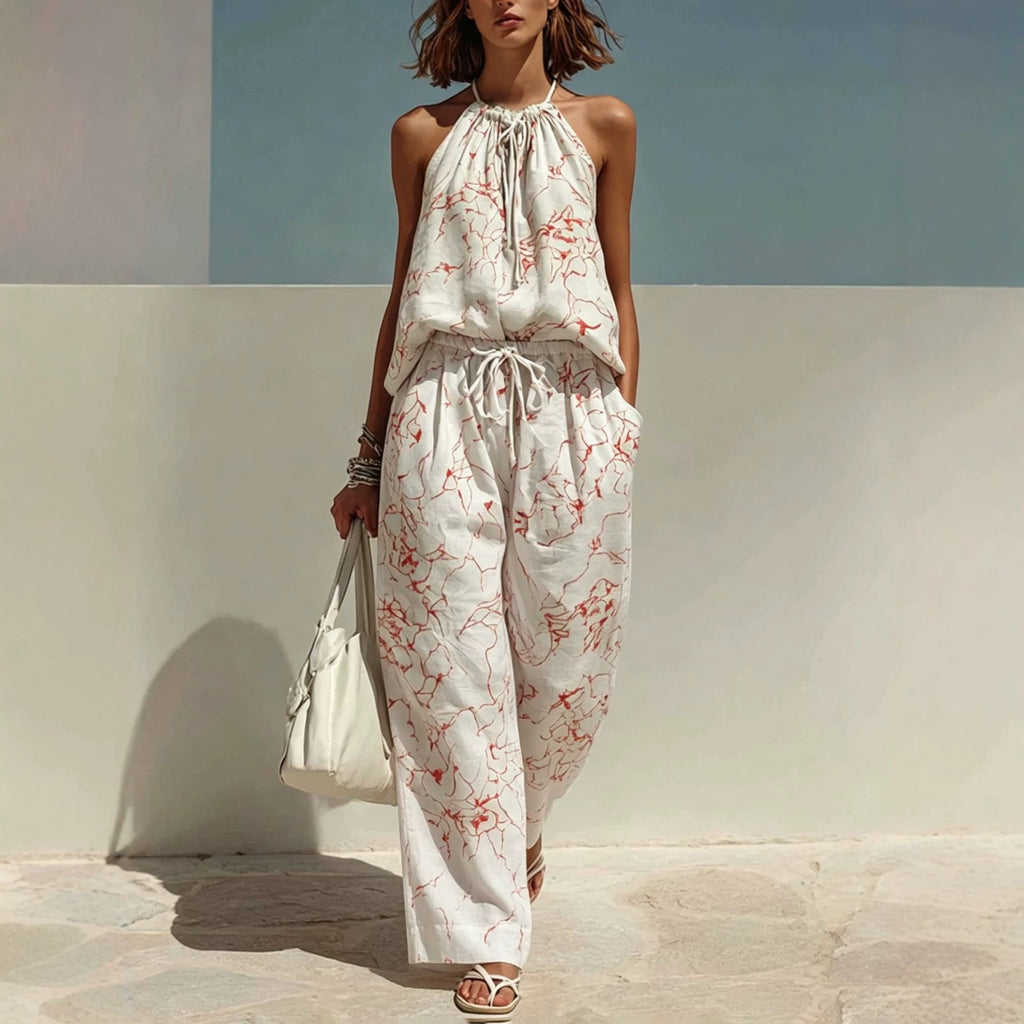 ZOFIA ATELIER white linen blend backless camisole with red abstract print and wide-leg pants