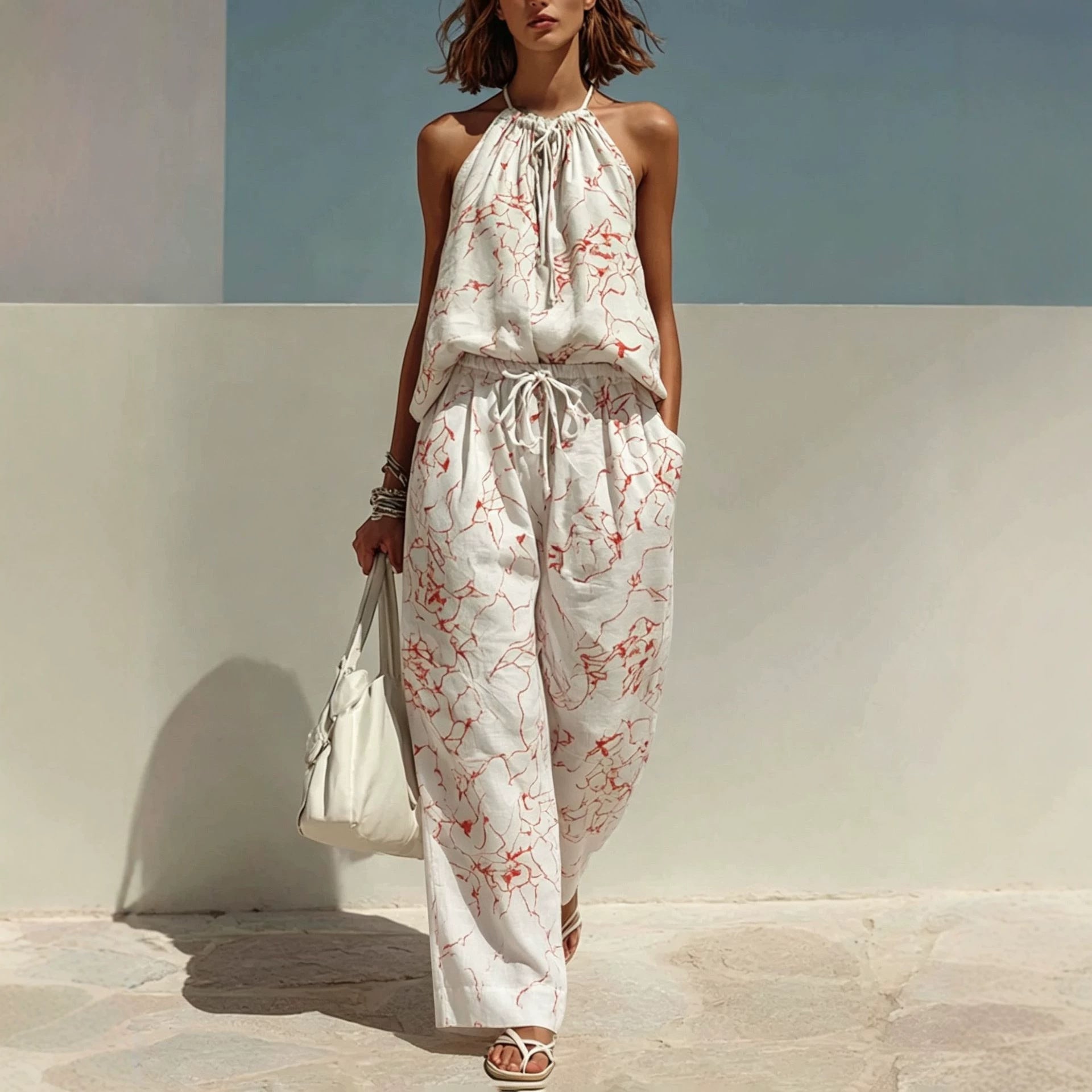 ZOFIA ATELIER white linen blend backless camisole with red abstract print and wide-leg pants