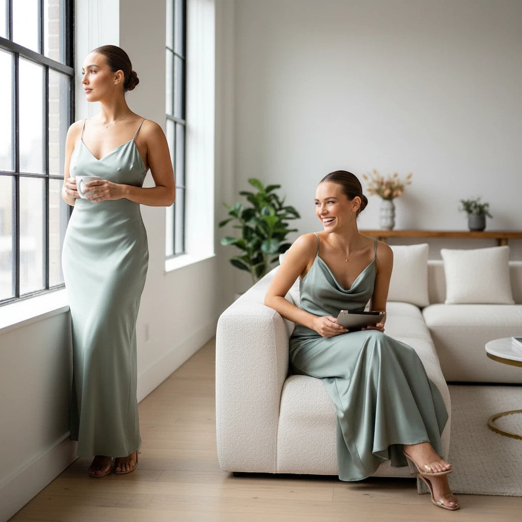 ZOFIA ATELIER sage green satin backless slim maxi dress with cowl neck and spaghetti straps.