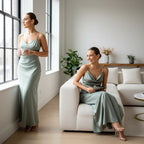 ZOFIA ATELIER sage green satin backless slim maxi dress with cowl neck and spaghetti straps.