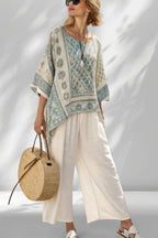 ZOFIA ATELIER BARBARA beach lounge set in cream and blue print with wide leg pants. Lightweight, flowing, resort-style.