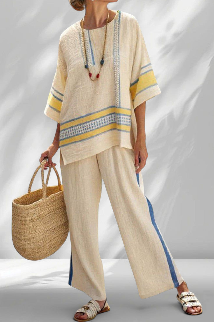 ZOFIA ATELIER BARBARA beach lounge set in cream with blue and yellow striped details. Lightweight linen-blend fabric.