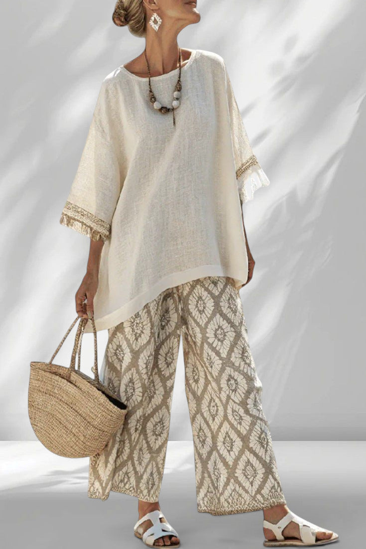 ZOFIA ATELIER BARBARA lounge set: cream linen-blend top with fringed sleeves and patterned wide-leg pants.