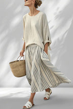 ZOFIA ATELIER BARBARA lounge set: cream linen-blend top with split sleeves and striped wide-leg pants.