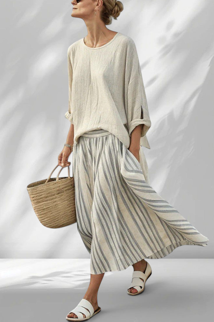 ZOFIA ATELIER BARBARA lounge set: cream linen-blend top with split sleeves and striped wide-leg pants.
