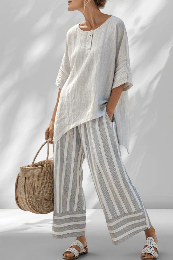 ZOFIA ATELIER BARBARA lounge set: light grey linen-blend top with button detail and striped wide-leg pants.