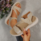 ZOFIA ATELIER beige PU beach sandals with elastic straps and Velcro closure, round toe, vulcanized sole.