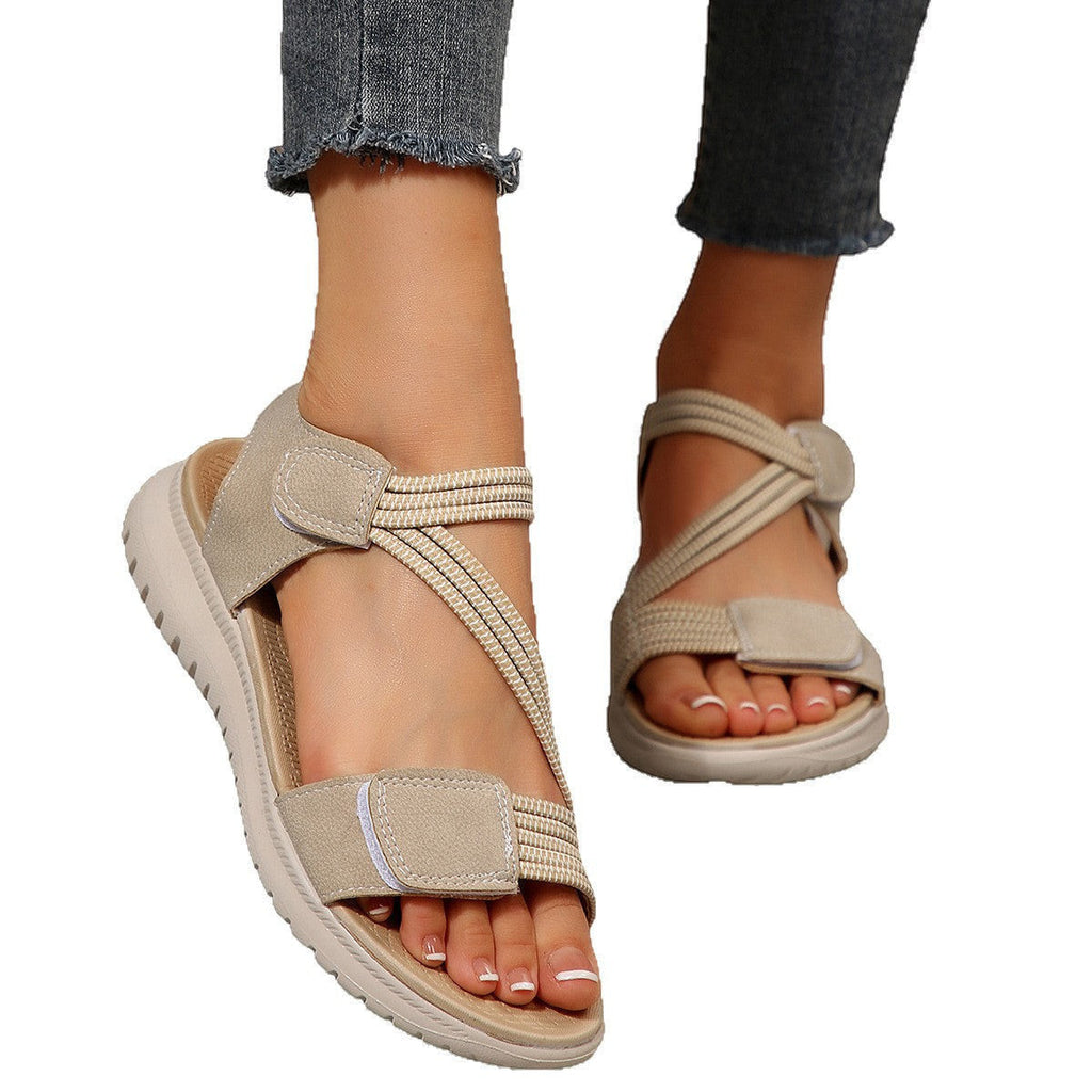 ZOFIA ATELIER beige PU women's beach sandals with elastic straps and Velcro closure, round toe, vulcanized sole.